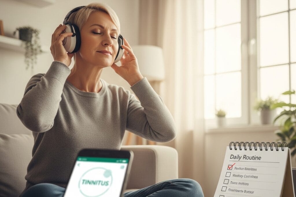 Create a realistic image of a middle-aged white woman sitting in a calm living room, wearing noise-canceling headphones while engaging in a mindfulness activity, with a soft focus on a smartphone displaying a tinnitus management app, and a notepad with a daily routine checklist visible nearby, creating a serene and organized atmosphere that suggests practical coping strategies for living with tinnitus.