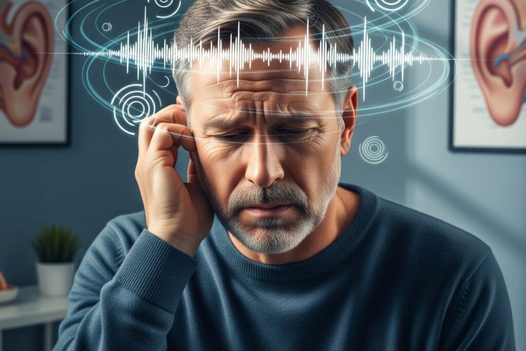 Create a realistic image of a middle-aged white man with a troubled expression holding his hand to his ear, with visible sound wave patterns or ringing symbols around his head, in a quiet medical consultation room with anatomical ear diagrams on the wall, soft lighting highlighting his discomfort, representing the investigation into causes of tinnitus.
