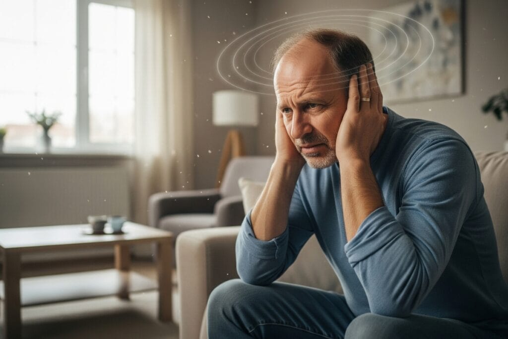 Create a realistic image of a middle-aged white male sitting on a couch with a troubled expression, hands partially covering his ears, depicting someone experiencing tinnitus (ringing in the ears), with subtle visual indication of sound waves or ringing around the head, in a quiet living room setting with soft natural lighting coming through a window, conveying the frustration and discomfort of the condition.